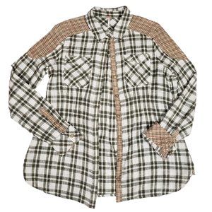 Free People Cotton Gauze Plaid Shoulder Patch Button Up Flannel Shirt Women XS